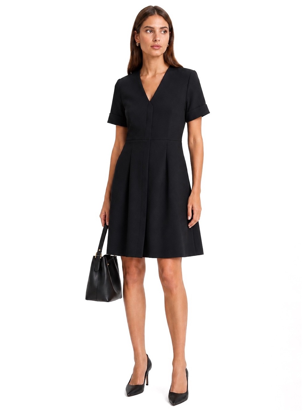 Gerard Darel Black V-Neck A-Line Short Sleeve Dress